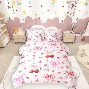 Erosebridal Cherry Bow Bedding Set Girls Pink Ribbon Bows 7 Piece Comforter Set Full Bed in A Bag,Kawaii Princess Style Comforter and Sheets Romantic Bowknot Dreamy Aesthetic Kawaii Room Decor