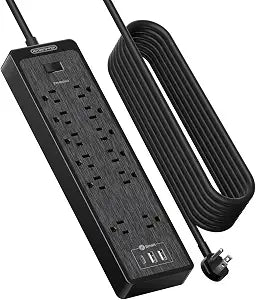 NTONPOWER 25 Ft Extension Cord Flat Plug, 12 Outlets(2 Widely Space) 3 USB with 2100J Power Strip, Overload Protection, 1875W/15A, Wall Mount for Home Office, Workbench or Garage,Black