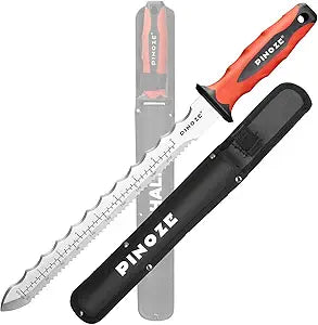 PINOZE 11" Insulation Knife, Stainless Steel Blade Insulation Cutter w/Laser Scale, Dual-Side Serrated Duct Knife Tool with Sheath for Cutting Heat Material Foam/Rockwool/Styrofoam, Garden Sod Cutter