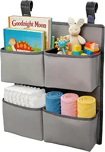 Hanging Diaper Organizer for Crib/Playpen/Bassinet/Playard  Hold 80+ Diapers - 4 Deep Pockets- Changing Table Diaper Holder Bag- Diaper Storage for Newborn Baby Essentials Stacker Caddy, Gray