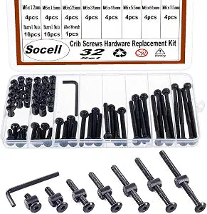 65Pcs 8Size Crib Screws Hardware Replacement Kit,Socell Baby Bed Frame Bolts &Barrel Nuts Set for Delta/Graco/Dream, M6x12mm/15mm/25mm/35mm/45mm/55mm/65mm/75mm Hex Drive Socket Cap Screws Barrel Nuts