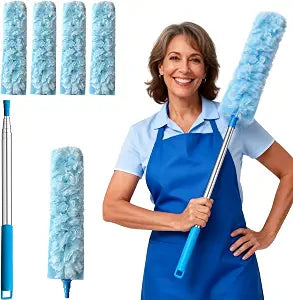 100 Inch Extended Handle Duster Heavy Duty Dusting 360 Duster Refills Kit, Microfibers Multi-Surface Dusters. Efficient Duster Kit for Cleaning Pet Hair, Home, Office, Blinds, Furniture (Blue)