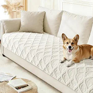 Arfntevss Couch Cover for Dogs Plush Washable Love Seat Cover for 2 Cushion Couch Pet Friendly Fuzzy Loveseat Sofa Slipcover Anti-Slip Boho Dog Furniture Protector (Jacquard Plush Cream, 35.5" x 63")
