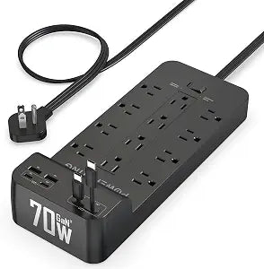 Power Strip with USB Ports | 18-in-1 2100J Surge Protector | 70W Gan Retractable USB C Cables,12 AC Outlets,2 USB C & 2 USB A Ports | 5ft Extension Cord, Flat Plug & Wall Mount |Dorm Room Essentials