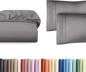 Full Size Fitted Bed Sheet + 2 Pillowcases Bundle - Hotel Luxury Single Fitted Bottom Sheet Only - Fits Mattress w/ Deep Pockets Between 8 to 16 inches - Soft, Breathable & Wrinkle Free - Dark Grey