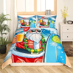 Santa Claus Duvet Cover Set King Size Ocean Beach Surfboard Comforter Cover with 2 Pillowcases Merry Christmas Bedding Set for Boys Girls Summer Surfing Sports Bedspread Cover(No Comforter)