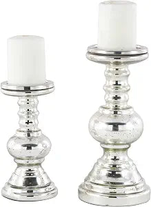 Deco 79 Glass Handmade Decorative Candle Holder Turned Style Pillar Candle Stand, Set of 2 Candlestick Holder 9", 12"H, Silver