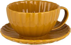 Creative Co-Op 10-Ounce Stoneware Ribbed Mug with Saucer in Reactive Glaze, Mustard Color
