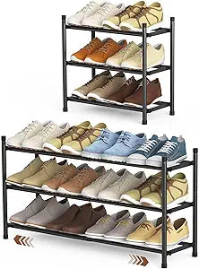 Uneviesyka Expandable Shoe Rack, 3 Tier Shoe Rack for Closet, Stackable Adjustable Standing Metal Shoe Shelf Organizer Storage, Small Shoe Racks for Front Door EntranceEntryway(Black)