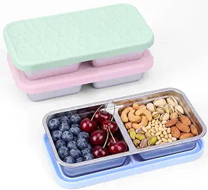 AKONEGE 3 Pack Stainless Steel Snack Containers, 2-Compartment with Lids