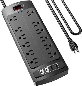 6 Ft Extension Cord Power Strip, Teiobar Surge Protector with 12 AC Outlets and 4 USB Ports for Home, Office, Dorm Essentials, 2700 Joules, ETL Listed, Black