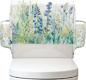 Blue Green Floral Toilet Tank Dust Cover with Storage Pocket Bathroom Decor Accessories Reusable Toilet Top Cover