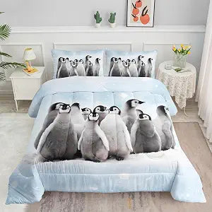 Datura home Bedding Comforter Set Penguin Snow Printed Pattern Quilt Bedding Set with 1 Comforter and 2 Pillowcases for Girls and Boys Bedroom All Season(Penguin Full)
