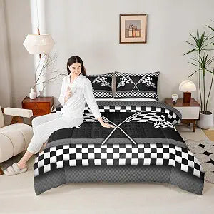 Castle Fairy Race Car Themed Comforter Set,Black White Checkered Flag Print Bedding Set Kids Teens Modern Decor,Stripes Geometric Honeycomb Comforter with 1 Pillowcase for All Seasons,Twin