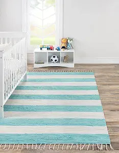 Unique Loom Chindi Rag Collection Area Rug - Striped (2' 2" x 3' 1" Rectangle, Turquoise and Ivory)