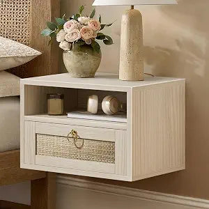 Floating Nightstand with Rattan Drawer, Wall Mounted Bedside Table with Open Storage, Boho Wood Hanging End Table for Bedroom, Light Oak