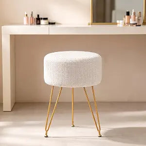 DUMOS Vanity Chair, Velvet Vanity Stool, Round Ottoman Foot Rest, Beige