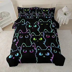 BailiPromise Kawaii Animals 3 Piece Comforter Set Full Size,Cute Cartoon Cat Bedding Set,Soft Warm Lightweight,Fluffy Down Alternative,1 Comforter + 2 Pillow Cases,Fit for All Seasons