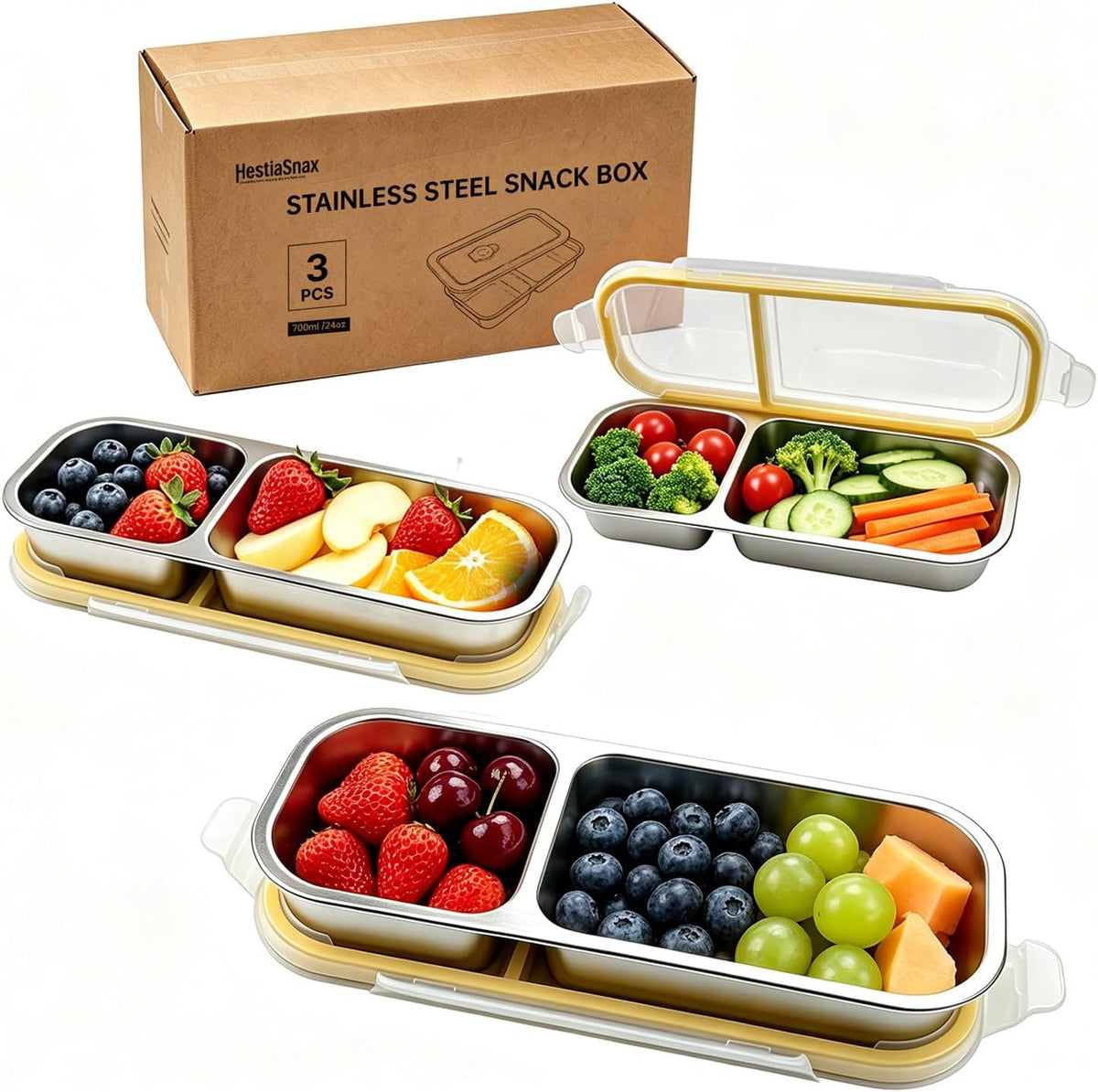 Stainless Steel Snack Container, 3-Pack 2-Compartment Portable Containers with Lids, Suitable for Travel, Camping, And Lunch Preparation Use