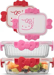 JoyJolt Sanrio Hello Kitty Fluted Glass Food Storage Containers with Lids, 2x Airtight Glass Storage Containers with Lids for Kitchen, Reusable Lunch Meal Prep Container, Cute Hello Kitty Gifts