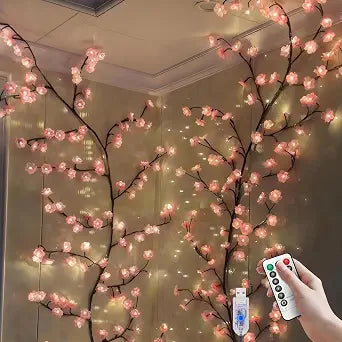 Cherry Blossom Lights for Room Decor Aesthetic,4 FT DIY Pink Cherry Blossom Wall Decor with 48 LED Flower Lights,Remote Timer,8 Lighting Modes,Blossom Tree Branch Lights,Vine Lights for Bedroom
