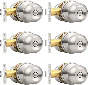 Probrico Privacy Interior Door Knobs Stainless Steel, Keyless Door Locks for Bedroom Bathroom, Brushed Nickel, 6 Pack
