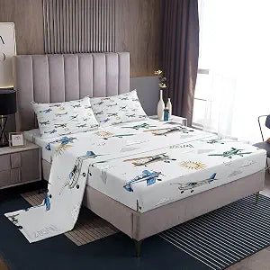 Manfei Cartoon Airplane Bed Sheet Set Twin Size,Cute Aviation Aircraft Plane Gray Sheet Set,Sky Sun Clouds Graffiti Bedding Set with 1 Flat & 1 Fitted Sheet with 1 Pillow