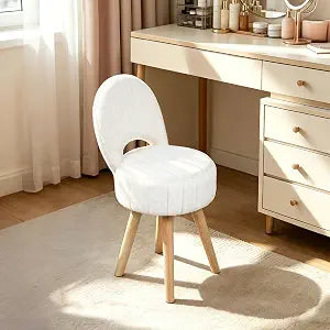 Vanity Stool with Storage & Folding Back,11.8 D x 12.9 W x 27.9" H Round Faux Fur Cute Vanity Chair with 4 Solid Wood Legs,Comfy Small Makeup Ottoman for Living Room,Bedroom,Closet,White