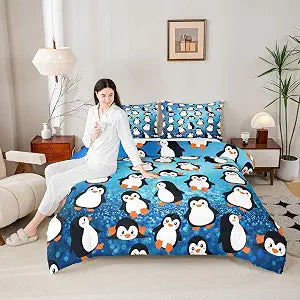 Cartoon Penguins Kids Comforter Set Twin Size,Cute Arctic Pole Animals Bedding Set,Girls Boys Adults Bedroom Decor,Starry Sky Dots Glitter Down Comforter,Blue Romantic Duvet Insert,1 Pillowcase