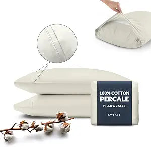 100% Cotton Percale Pillowcases, Envelope Closures, King - Ivory