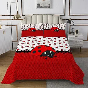 Castle Fairy Cute Ladybugs Bedspread Twin Size,Red Black Entomology Dots Bedding Set 2pcs for Kids Girls Women Room Decor,Cartoon Animals Comforter Set Vivid Natural Quilt Set,1 Pillowcase