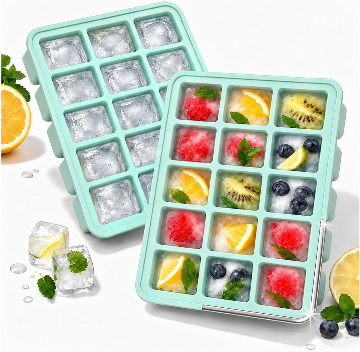 CAKETIME 2 Pack Silicone Ice Cube Trays with Lid Reusable Metal Reinforced BPA-Free Freezer Containers Bin Molds Stackable Easy Release Home Bar Essentials Coffee Whiskey Juice Drinks Must Haves