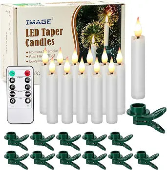 IMAGE Clip On Candles for Christmas Tree, 3.8 Inch Battery Operated Flameless Taper Candles with Remote Control Timer, Warm White LED Tree Candles with 3D Flickering Wick