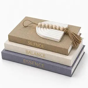 Decorative Linen Books Set of 3 with Tray and Wood Bead Tassel Ornament, Faux Books with Hidden Storage for Coffee Table Decor, Bookshelf Styling and Neutral Home Display