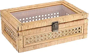 Hipiwe Rattan Display Box with Clear Lid Rectangular Wicker Storage Basket