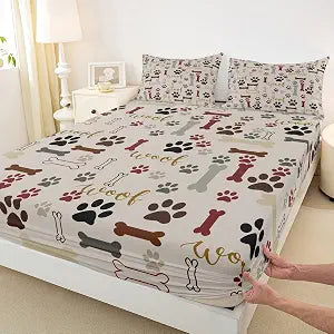 Homewish Dog Paw Print Fitted Sheet Twin Size,Bone Pattern Bedding Set 2pcs for Kids Teens Girls Boys Room Decor,Pet Animal Bed Cover Cartoon Bed Sheet Set with 1 Pillowcase