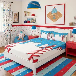 Ice Cream Baseball Fitted Sheet Full Size,Blue Ice Cream Drip Dessert Bedding Set for Kids Teens Bedroom Decor,Ball Sports Gaming Deep Pocket Sheet 3Pcs,2 Pillowcases
