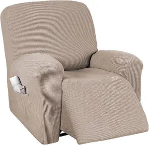 PrinceDeco Recliner Chair Cover Stretch 1 Piece Recliner Slipcover Furniture Protector with Elastic Bottom Chair Slipcover with Side Pocket Thick Soft Small Checked Jacquard Chair Cover, Sand