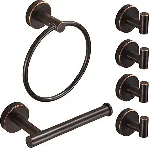 Bronze Toilet Paper Holder Towel Holder Towel Hooks,Oil Rubbed Toilet Paper Roll Holder Towel Ring Bathroom Hardware Set,Wall Mounted Rustic Farmhouse Rustproof Stainless Steel Bath Accessories 6PC