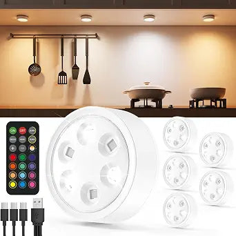2400mAh Rechargeable Puck Lights with Remote, RGB Under Cabinet Light
