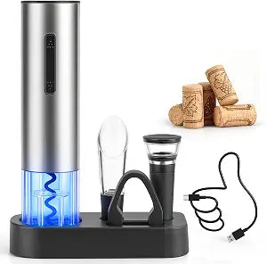 Electric Wine Opener Set Rechargeable Wine Corkscrew with Foil Cutter, Wine Aerator Pourer, Vacuum Wine Stopper and Storage Base, 5-in-1 Wine Gift Set White Elephant Gifts for Adults, Silver