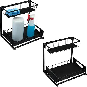 Amazon Basics L-Shape Under Sink Storage Pull Out Cabinet Organizer, Space-Saving Design, Durable and Rust-Resistant, Black, Pack of 2