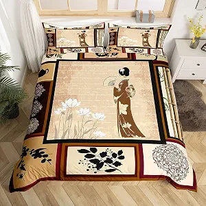 Erosebridal Chinese Girl Bedding Set Lotus Duvet Cover King Size Asian Culture Comforter Cover Japanese Traditional Ethnic Exotic Bedspread Cover for Kids Adult Dorm Room Decorative