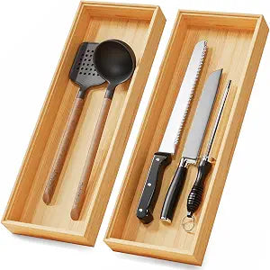 Long Bamboo Kitchen Drawer Organizer Boxes 17" x 6" Wood Pantry Organizers