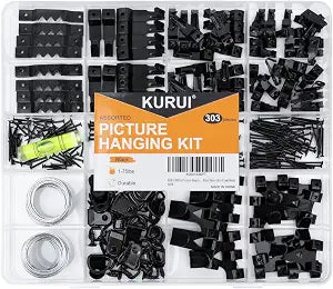 KURUI 303Pcs Picture Hangers for Wall Art Decor Tapestry, Picture Hanging Kit With Heavy Duty Wall Hooks, Sawtooth, Picture Wire, D Rings, Hardware Nails, Eye Hooks, Black Frame Hooks for Drywall Wood