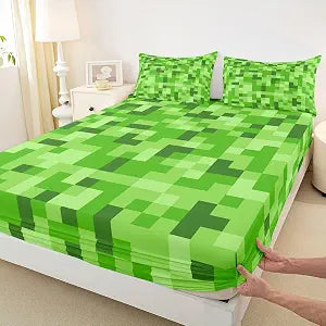 Green Pixelated Grid Fitted Sheet Twin Size,Miners Video Games Bedding Set 2pcs,Modern Geometric Plaid Bed Sheets with 1 Pillowcase,Kids Boys Girls Room Decor,Soft Deep Pocket Bedding(No Flat)