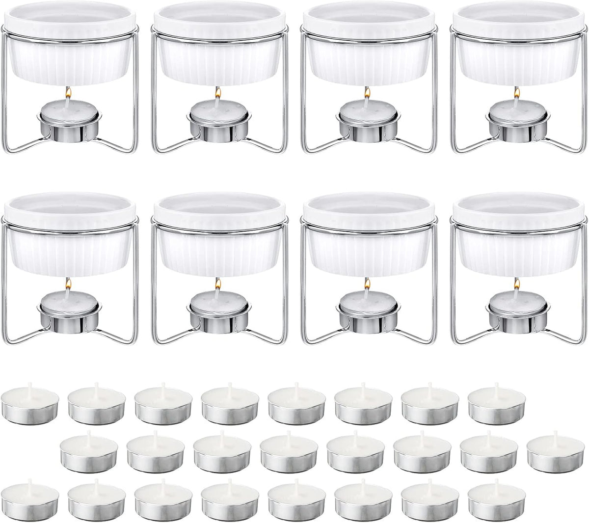Treela 8 Pcs Ceramic Butter Warmers & 32 Tealight Candles, White