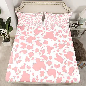 Feelyou Cow Print Fitted Sheet Twin Size for Kids Boys Girls Teens Pink