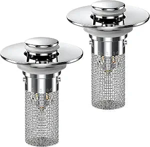 2PCS Bathroom Sink Stopper Hair Catcher, Pop Up Sink Drain Stopper with Strainer & Filter, Universal Drain Plug for Sink Drain & Replacement, Sink Drain Cover with Basket for Bathroom Stopper