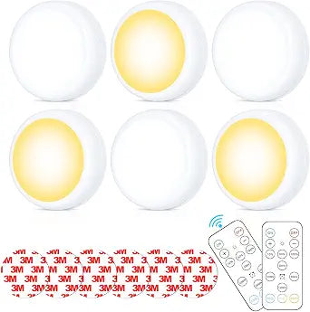 Battery Operated Puck Litghts with Remote Warm Natual Cool White Three Color Wireless Under Cabinet Lighting Push Lights Stick On Tap Lights with Dimmer & Timmer for Bedroom, Closet